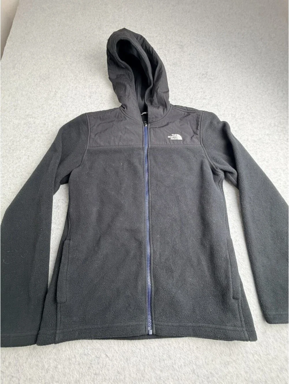 The North Face Youth XL Black Hooded Full Zip Fleece Jacket Nylon Overlay
